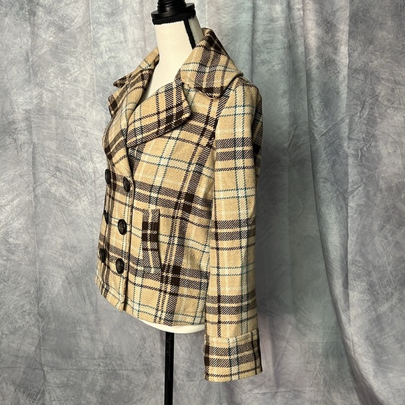 Merona Brown, Tan, Cream and Teal Cropped Pea Coat - Small - Picture 3 of 14